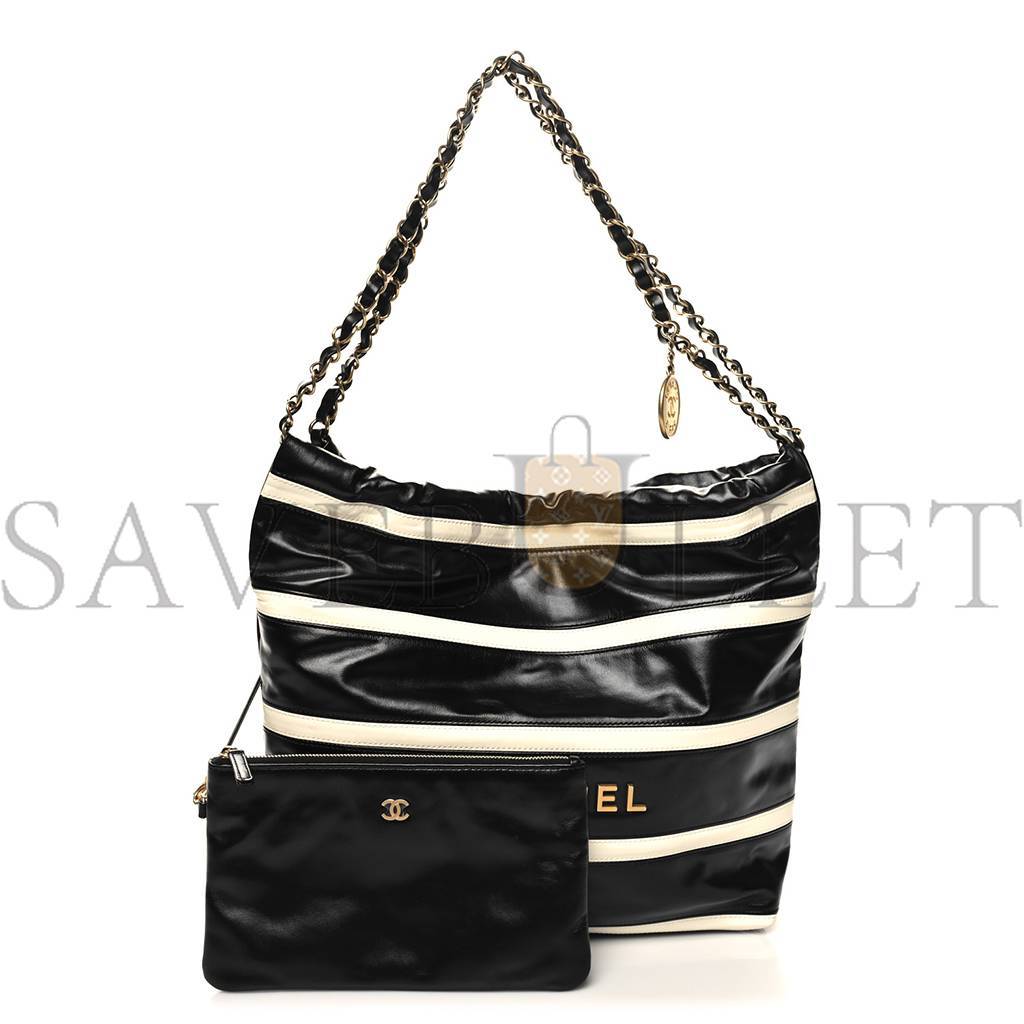 CHANEL MASTER SHINY CALFSKIN STRIPED SMALL CHANEL 22 BLACK WHITE AS3260 (37*35*7cm)